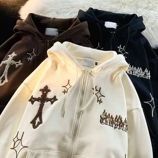 Y2K Cross Print Zip Up Hoodie